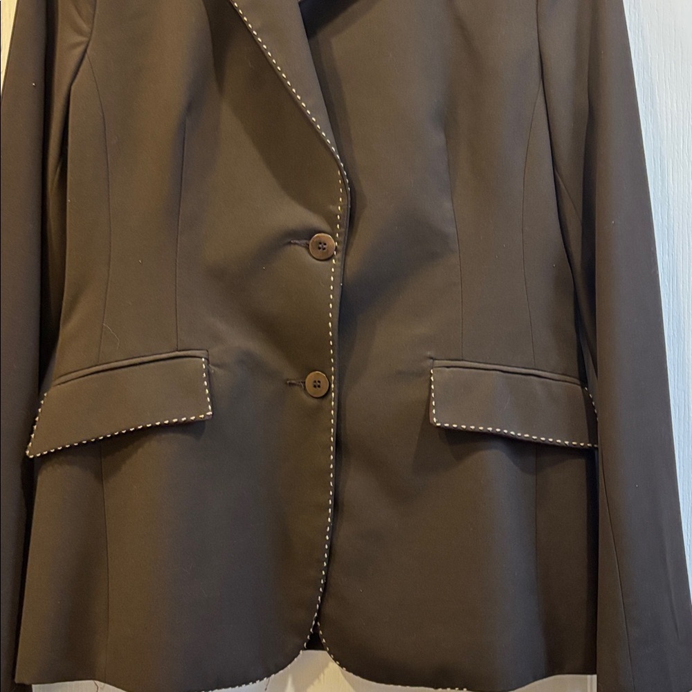 LAUNDRY BY SHELLI SEGAL BROWN JACKET TAN PIPING AROUND SEAMS/POCKETS/NECKLINE - Picture 7 of 15